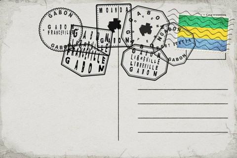 Gabon Vintage Postcard with Flag Stamp and City Postmarks