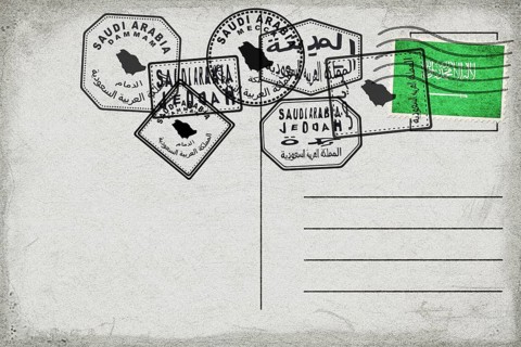 Saudi Arabia Vintage Postcard with Flag Stamp and City Postmarks