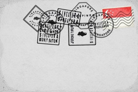 Singapore Vintage Postcard with Flag Stamp and City Postmarks