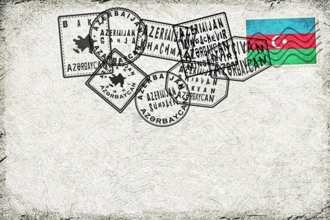 Azerbaijan Vintage Postcard with Flag Stamp and City Postmarks