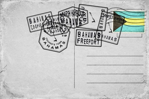 Bahamas Vintage Postcard with Flag Stamp and City Postmarks