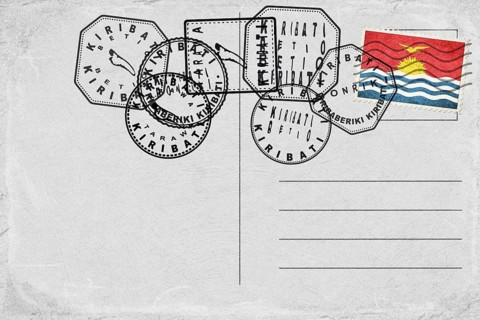 Kiribati Vintage Postcard with Flag Stamp and City Postmarks