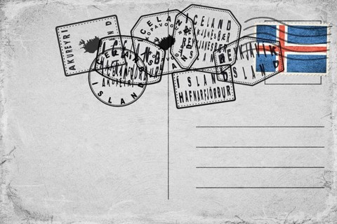 Iceland Vintage Postcard with Flag Stamp and City Postmarks