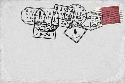 Qatar Vintage Postcard with Flag Stamp and City Postmarks