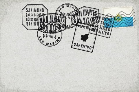 San Marino Vintage Postcard with Flag Stamp and City Postmarks