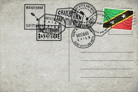 Saint Kitts and Nevis Vintage Postcard with Flag Stamp and City Postmarks