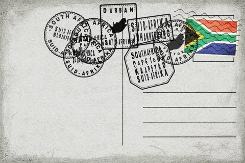 South Africa Vintage Postcard with Flag Stamp and City Postmarks