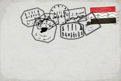 Syria Vintage Postcard with Flag Stamp and City Postmarks