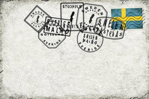 Sweden Vintage Postcard with Flag Stamp and City Postmarks