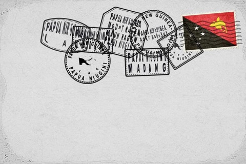 Papua New Guinea Vintage Postcard with Flag Stamp and City Postmarks