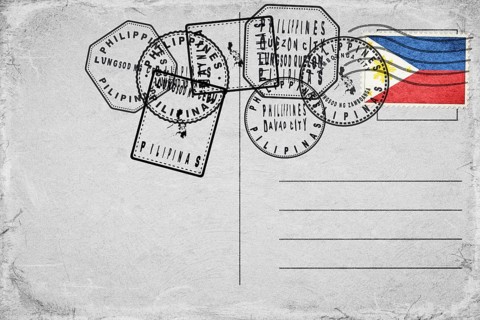 Philippines Vintage Postcard with Flag Stamp and City Postmarks