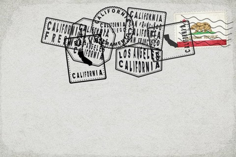 California Vintage Postcard with Flag Stamp and City Postmarks