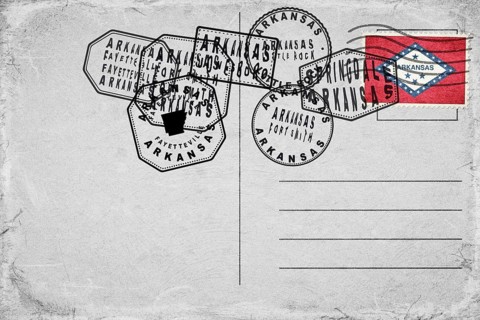 Arkansas Vintage Postcard with Flag Stamp and City Postmarks