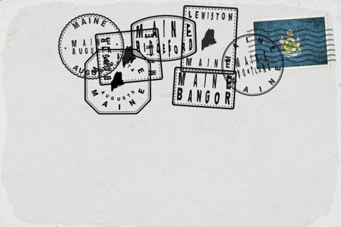 Maine Vintage Postcard with Flag Stamp and City Postmarks