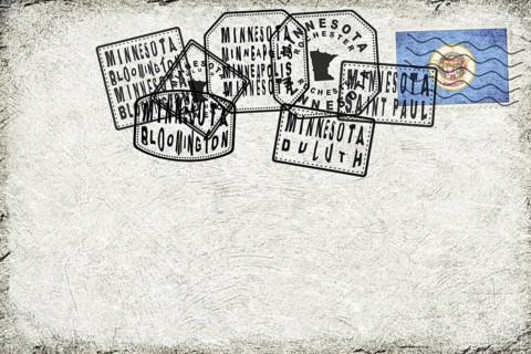Minnesota Vintage Postcard with Flag Stamp and City Postmarks