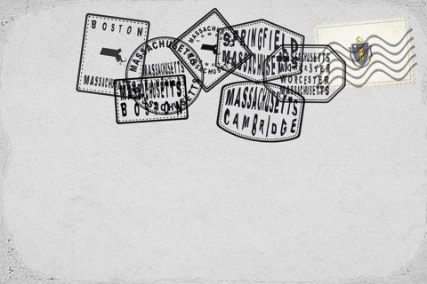 Massachusetts Vintage Postcard with Flag Stamp and City Postmarks