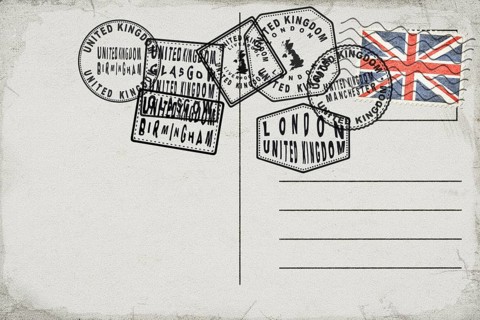 United Kingdom Vintage Postcard with Flag Stamp and City Postmarks
