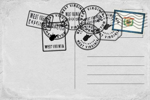 West Virginia Vintage Postcard with Flag Stamp and City Postmarks