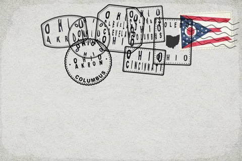 Ohio Vintage Postcard with Flag Stamp and City Postmarks