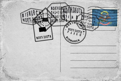 North Dakota Vintage Postcard with Flag Stamp and City Postmarks