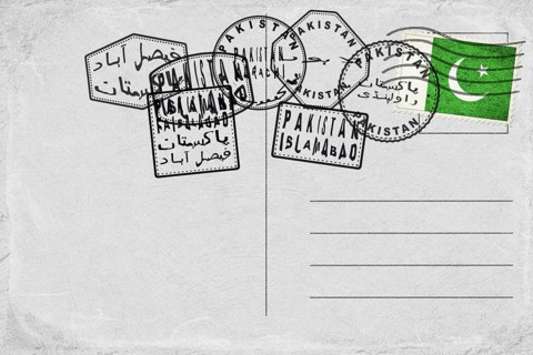 Pakistan Vintage Postcard with Flag Stamp and City Postmarks