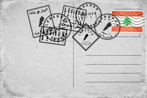 Lebanon Vintage Postcard with Flag Stamp and City Postmarks