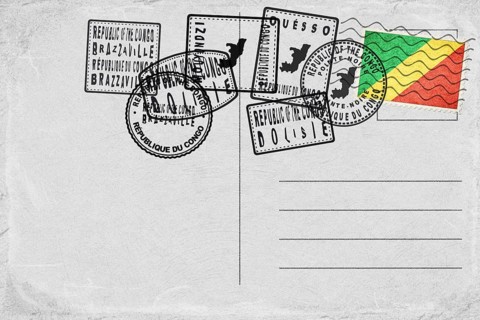 Republic of the Congo Vintage Postcard with Flag Stamp and City Postmarks
