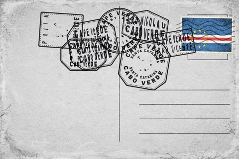 Cape Verde Vintage Postcard with Flag Stamp and City Postmarks