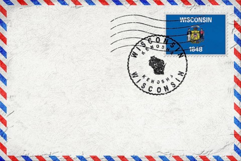 Wisconsin Kenosha Vintage Air Mail Envelope with Flag and Postmark