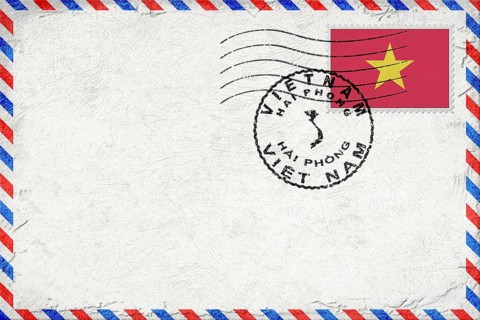 Vietnam Hai Phong Vintage Air Mail Envelope with Flag and Postmark