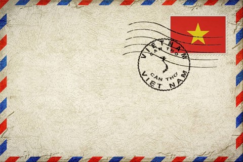 Vietnam Can Tho Vintage Air Mail Envelope with Flag and Postmark