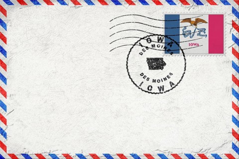 Iowa Des Moines Vintage Air Mail Envelope with Flag and Postmark
