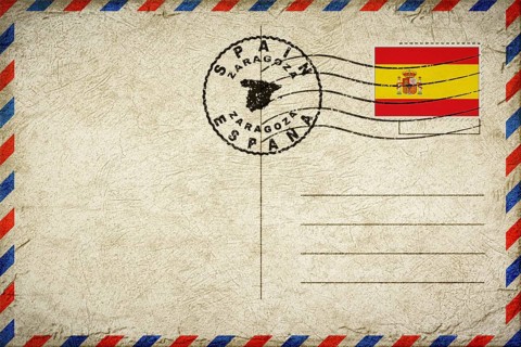 Spain Zaragoza Vintage Air Mail Envelope with Flag and Postmark