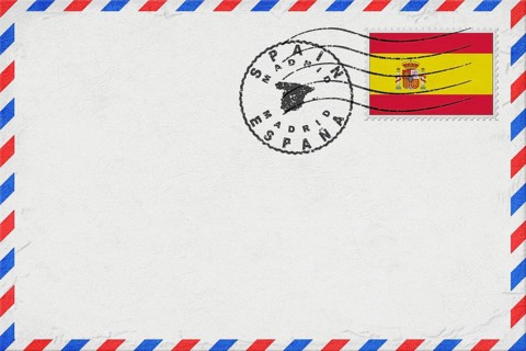 Spain Madrid Vintage Air Mail Envelope with Flag and Postmark