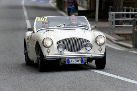 No. 307, Austin Healey 100 4 BN1, year of construction 1954, white convertible driving on a road