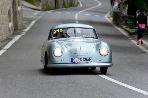No. 213, Porsche 356 1100 Coupé, model year 1951, Blue retro car drives through a winding road,