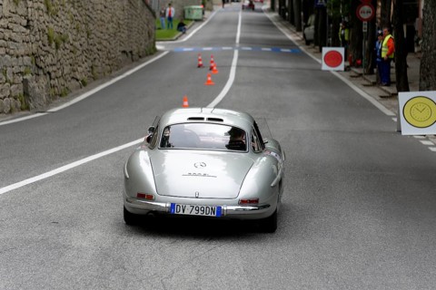No. 279, Mercedes-Benz 300 SL W 198, model year 1954, silver classic car on a road with cones in a