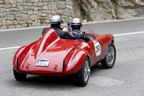 No. 293, Bianchi Panhard 750 Sport Colli, built in 1954, two people with helmets driving a red