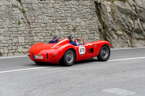 No. 373, Maserati 300 S Fantuzzi, year of construction 1955, Red racing car driving along a winding