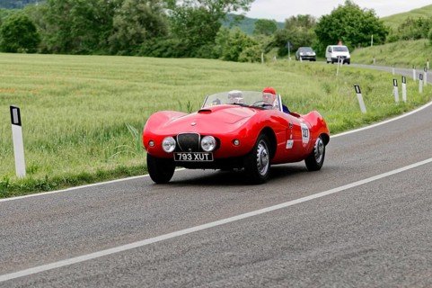 A sporty red classic car drives on an idyllic country road in a green landscape, classic car, car