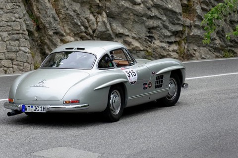 No. 315, Mercedes-Benz 300 SL W 198, model year 1954, Silver Mercedes vintage car from the rear