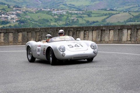 No. 366, Porsche 550 Spyder RS, built in 1955, silver classic racing car with two drivers on a