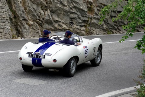 No. 287, Arnolt Bristol Bolide, built in 1954, white vintage car with blue racing stripes drives on