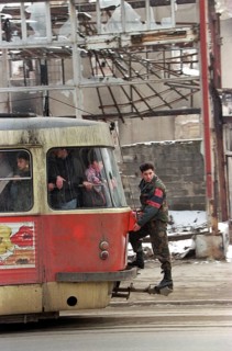 BIH, Bosnia, Sarajevo, 09.01.1996, man in uniform rides on tram