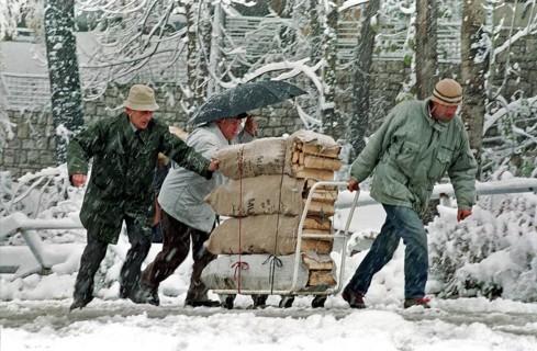 BIH, Bosnia, Sarajevo, 28.11.1993, People push a wagon with firewood through the snow