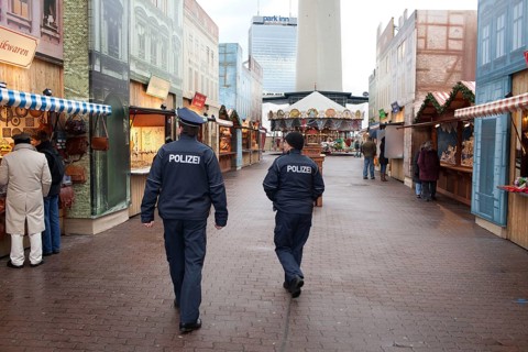 Berlin 2010-11-24 Police officers tour the Christmas market on Alexanderplatz. DEU, Berlin