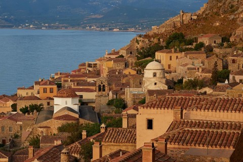 Soft morning light, Holy Church of the Virgin Mary Myrtidiotissa (or Critikias), hillside urban
