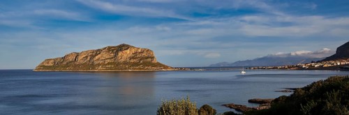 View of a large island in the sea under a clear blue sky, Monemvasia, Monemvassia, Malvasy,