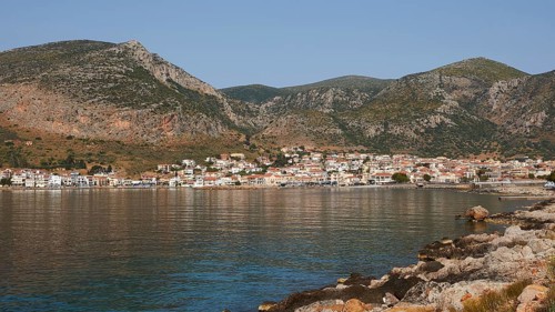 Small coastal town on a quiet sea, surrounded by mountains, Monemvasia, Monemvassia, Malvasy,