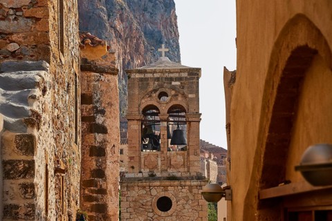 Holy Church of Christ in Chains, Elkomenos Christos, Historic Bell Tower with Crosses, Surrounded